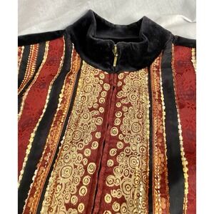 Coldwater Creek Velvet Zip Mock Neck Top M Boho Patchwork Red Gold Metallic